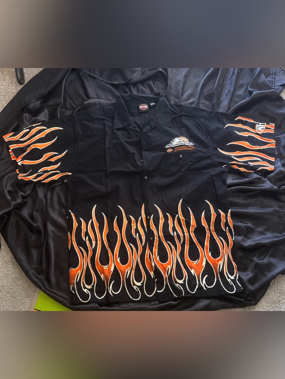 Harley-Davidson Black Button-Front Shirt with Orange Flame Design